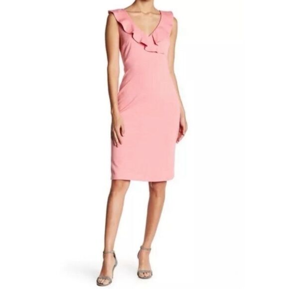 Superfoxx V-neck Ruffle Sheath Dress in Pink Papaya - Picture 1 of 9